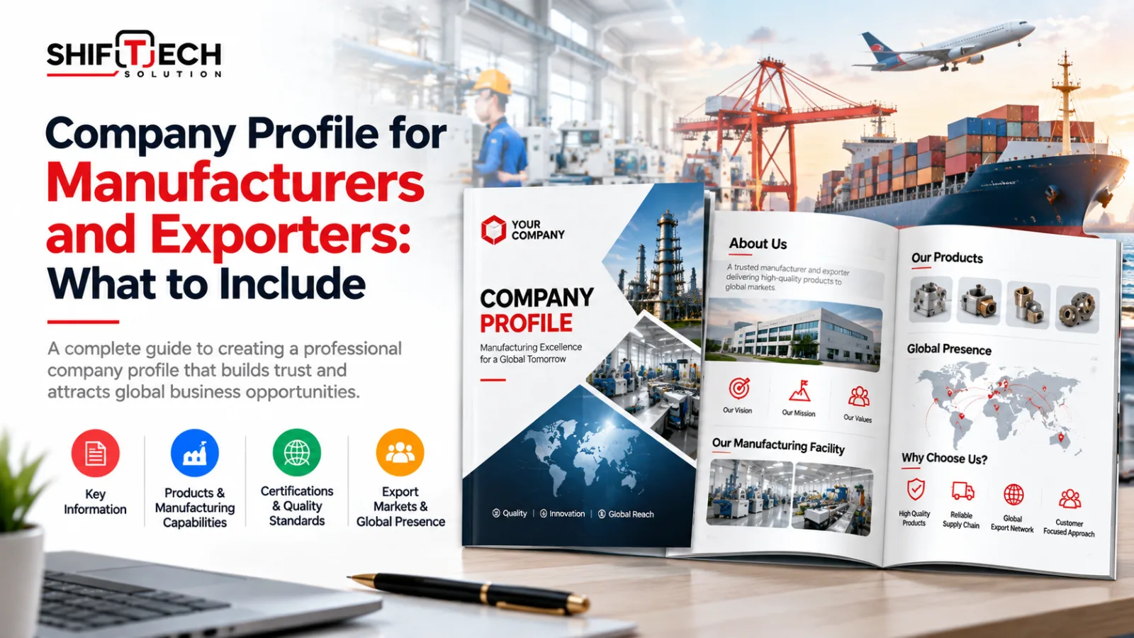 Company profile brochure for a manufacturing business showing product range and factory pages